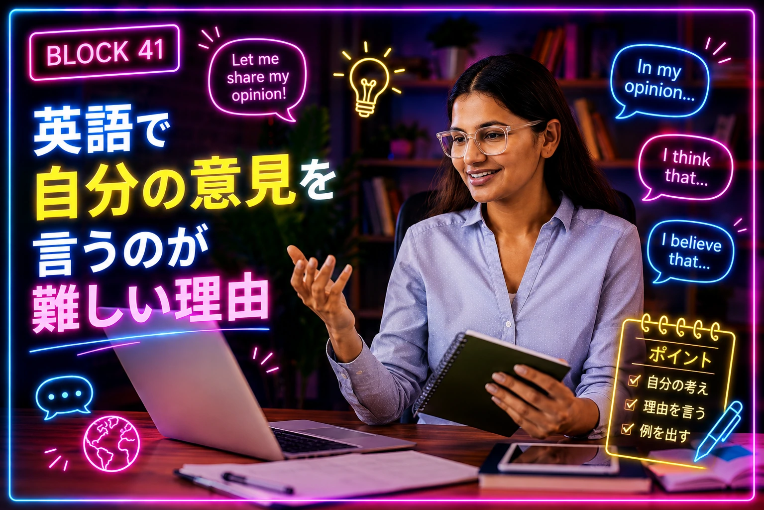オンライン英語レッスンで自分の意見を説明しようとしている女性学習者