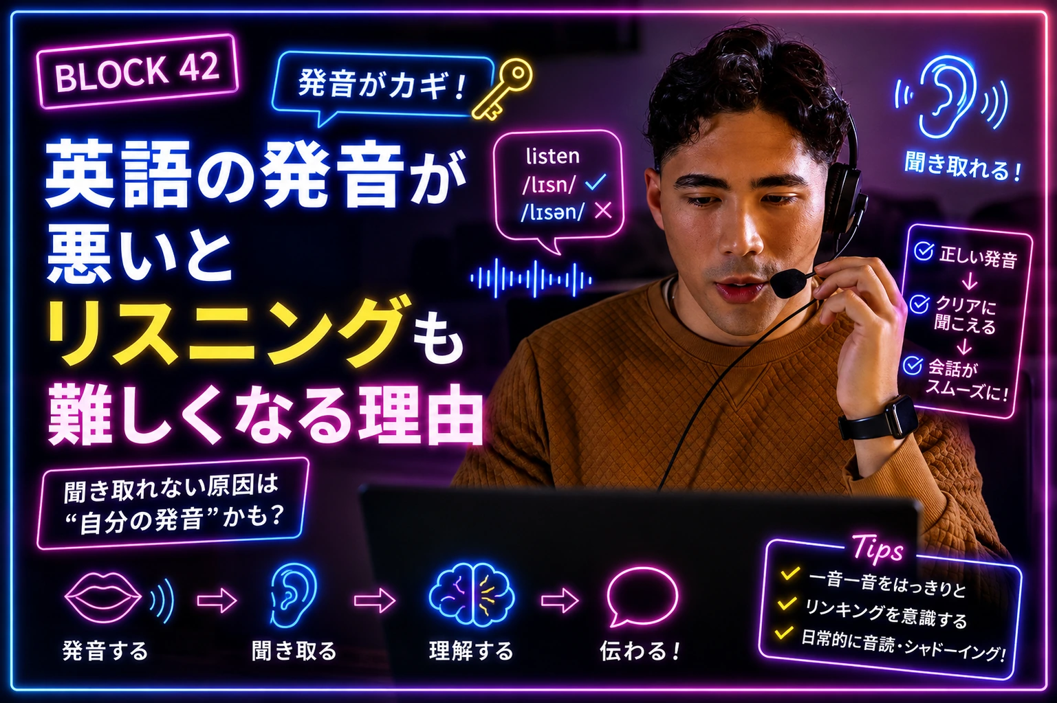 ヘッドセットを使い発音とリスニングを練習するオンライン英語学習者
