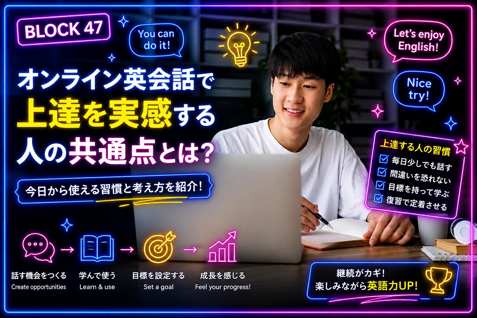 英会話レッスンを休んだあとにオンライン学習へ戻る男性学習者