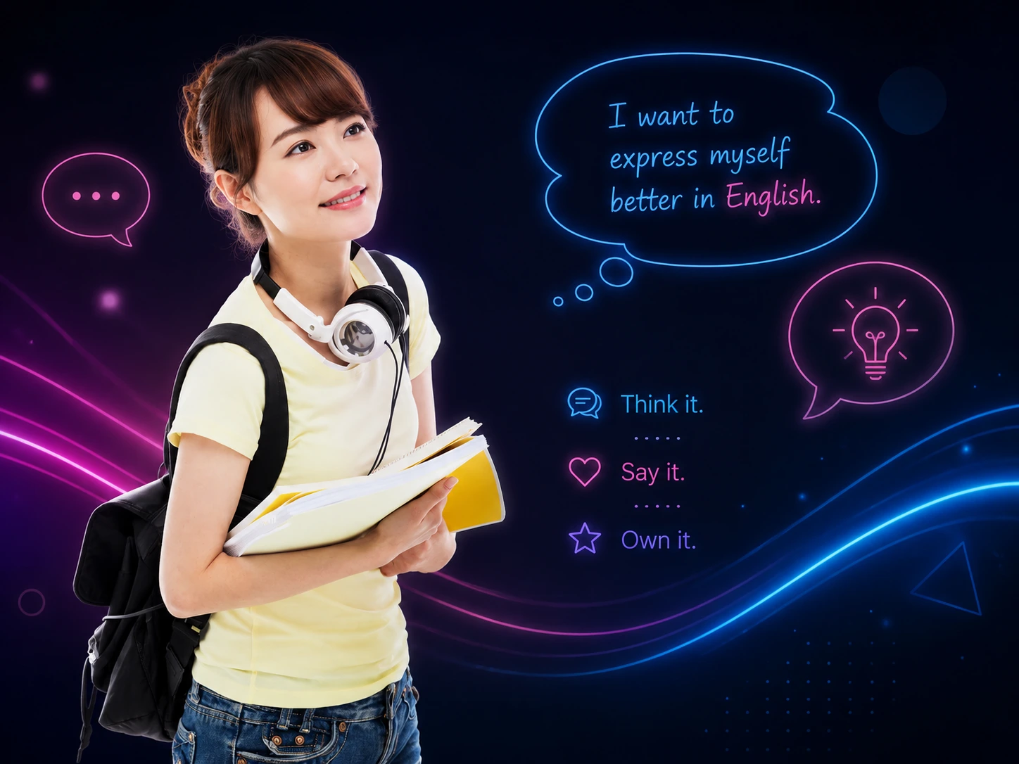ノートを持って英語で自分の考えを説明しようとする女性学習者