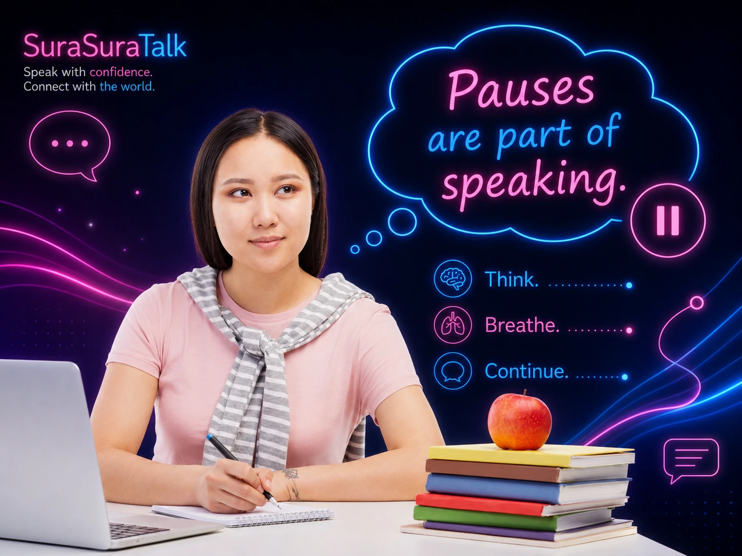 英語の会話中に落ち着いて考えながら学習する女性