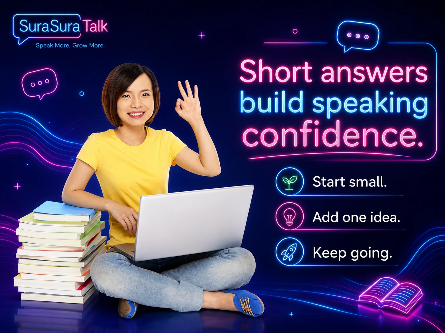ノートパソコンの前で短い英語の返答を練習する女性学習者