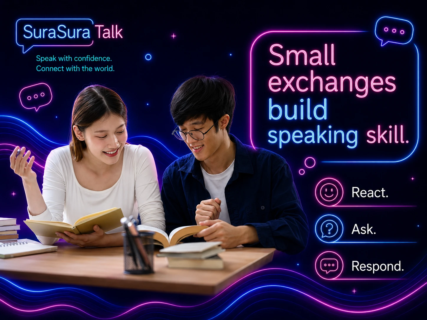 二人の学習者が本を見ながら英語の小さなやりとりを練習している様子