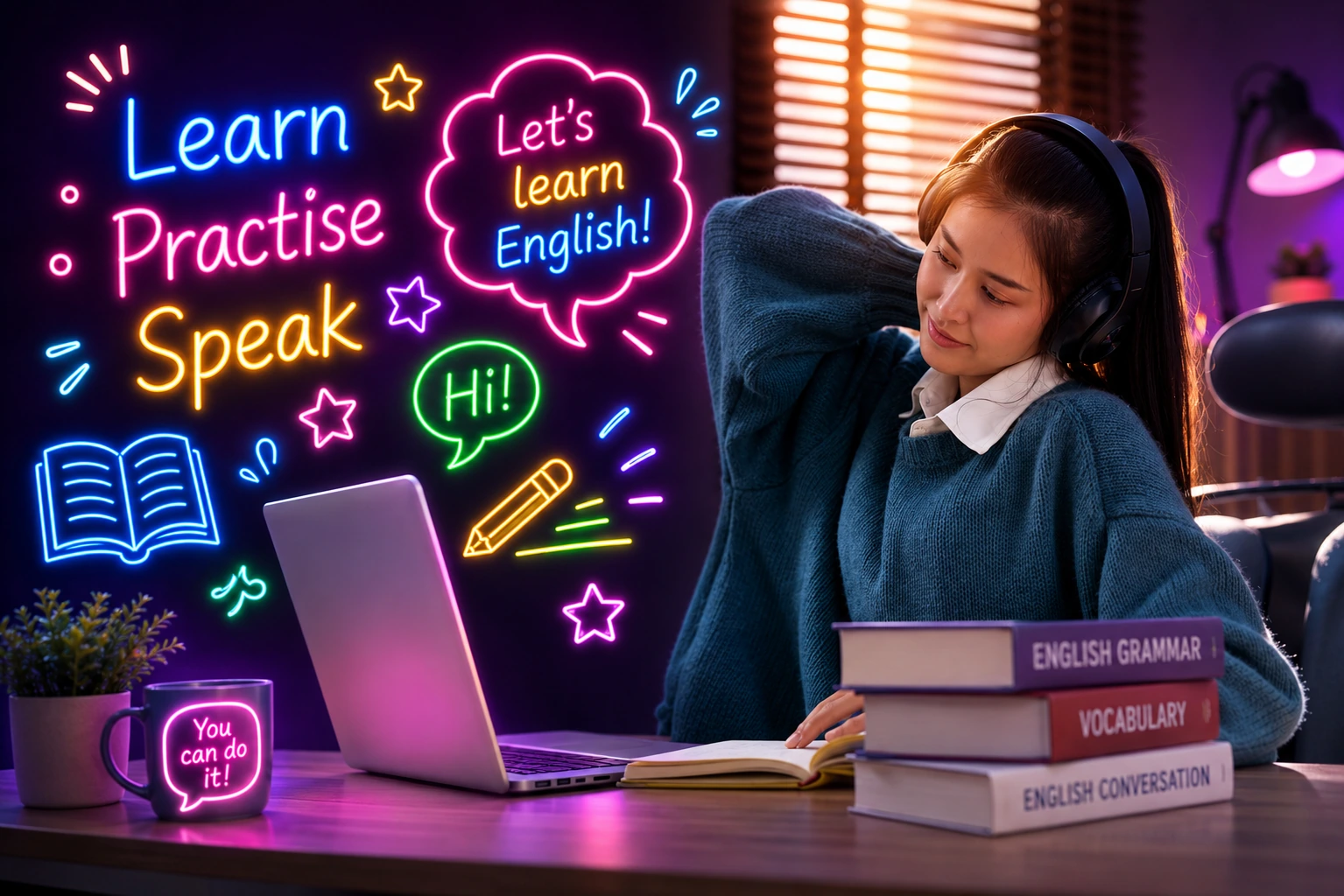 英語レッスン後にメモを取りながら復習する学習者