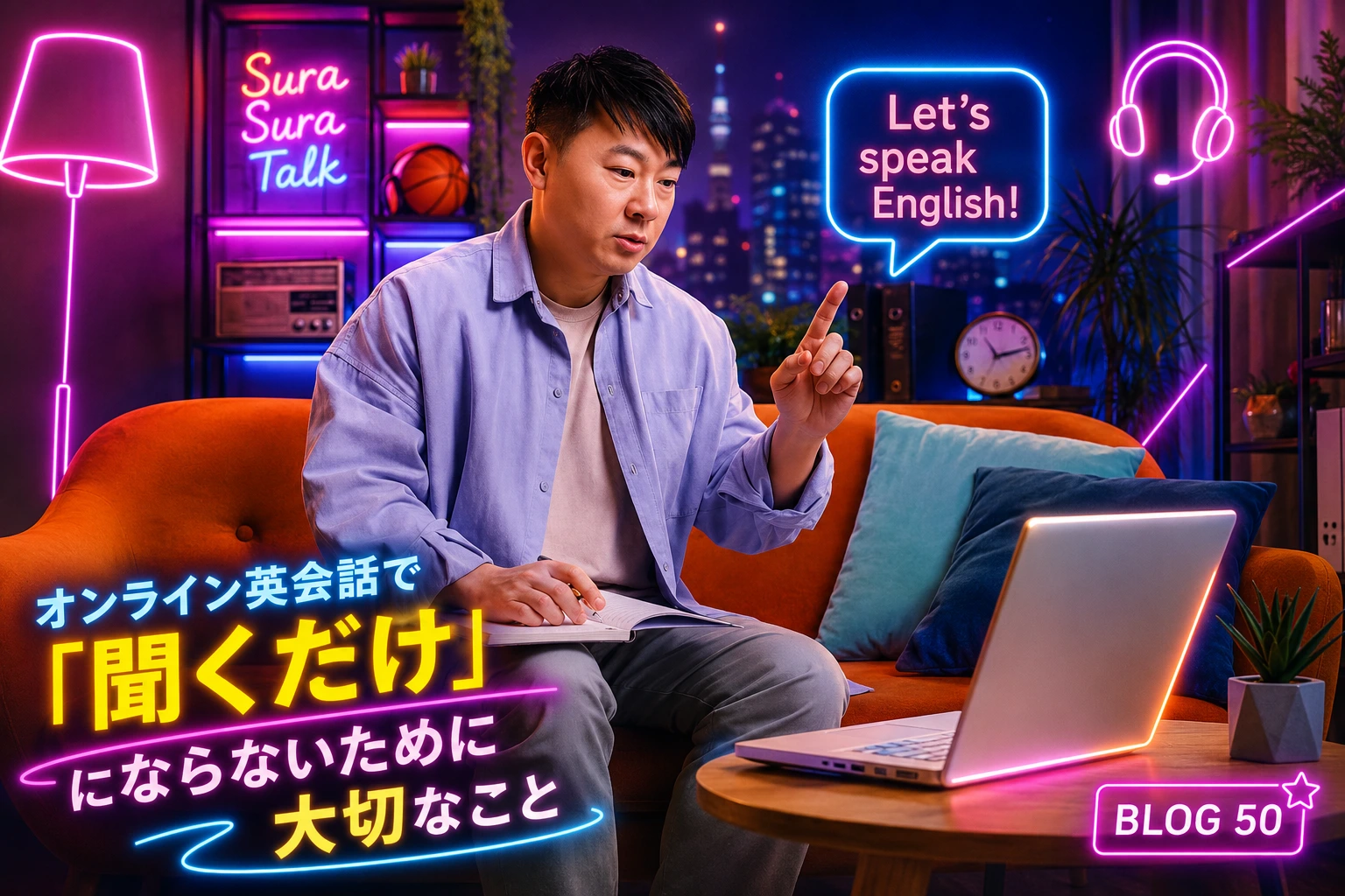 オンライン英会話で画面に向かって話す男性学習者