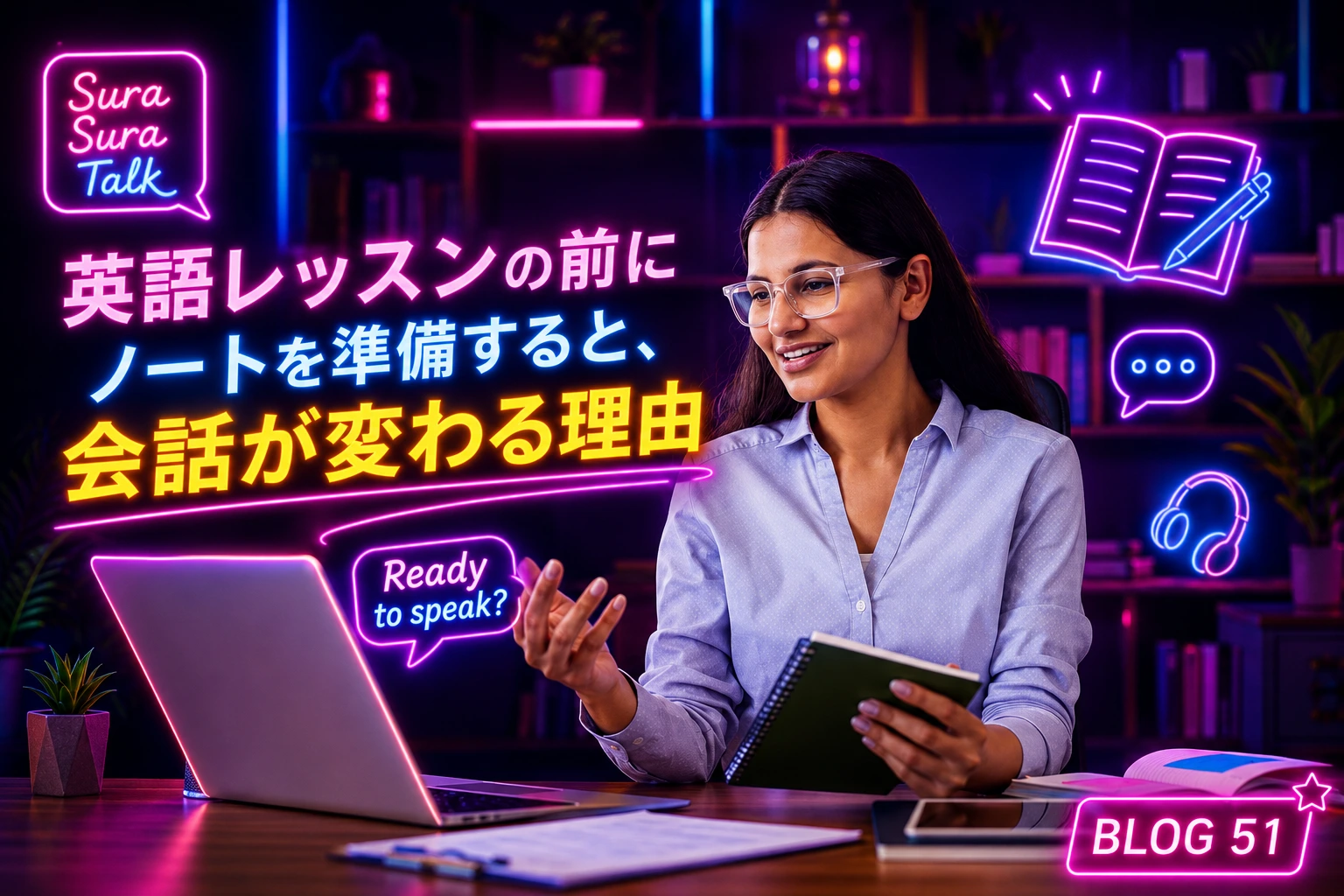 オンライン英語レッスンの前にノートを持って準備する女性学習者