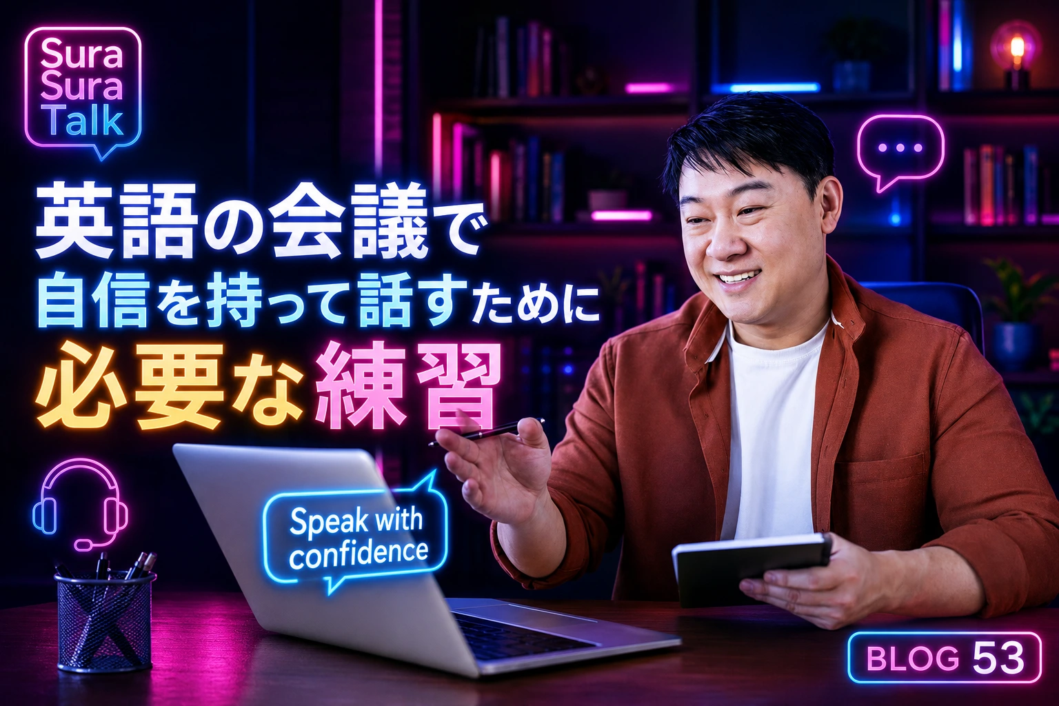 オンライン会議でノートを持ちながら英語で話す男性
