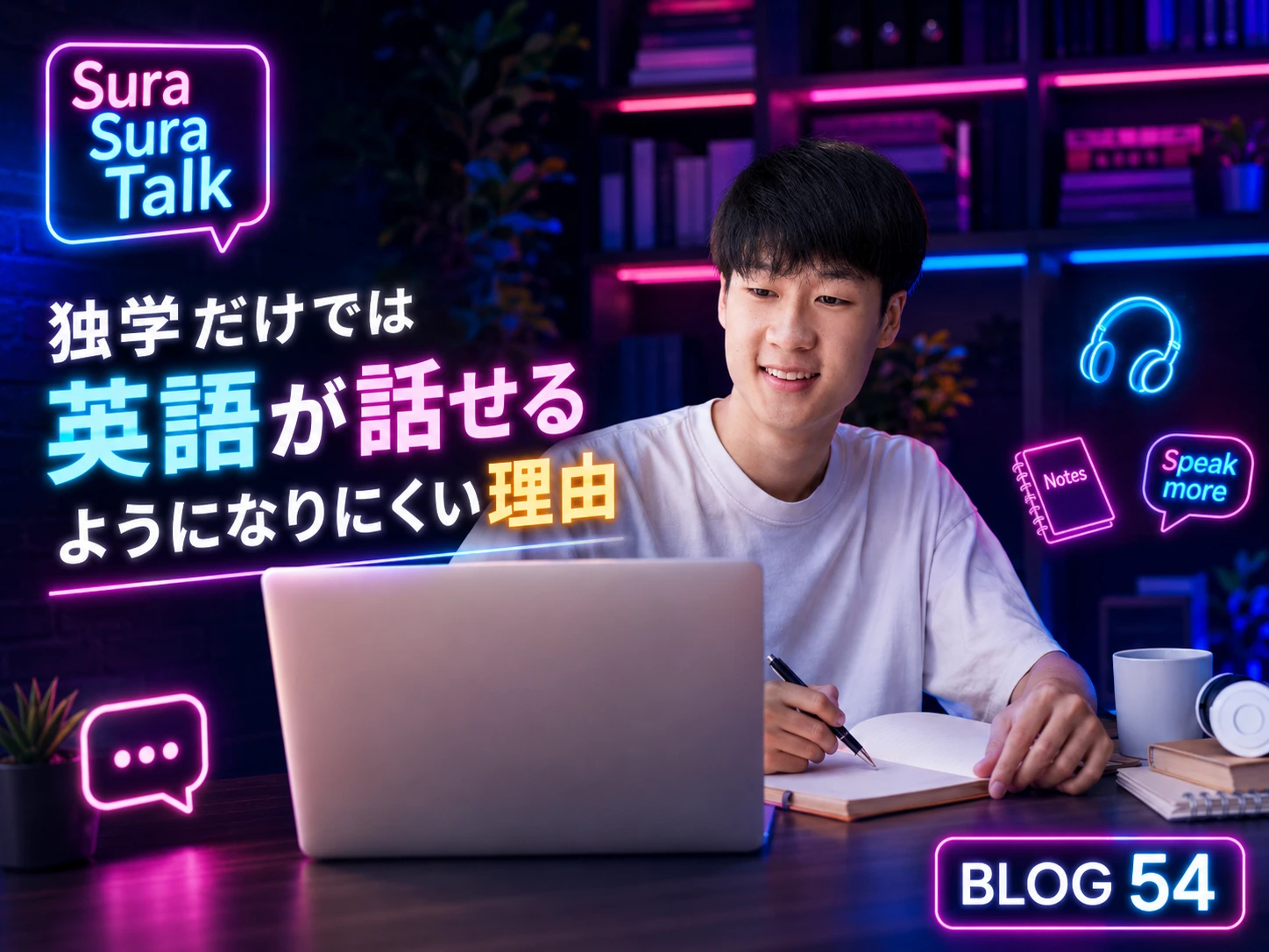ノートパソコンで英語を独学しながらメモを取る男性学習者