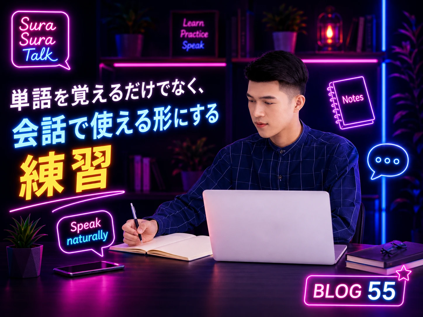 ノートに英語の単語を書きながらオンライン学習をする男性