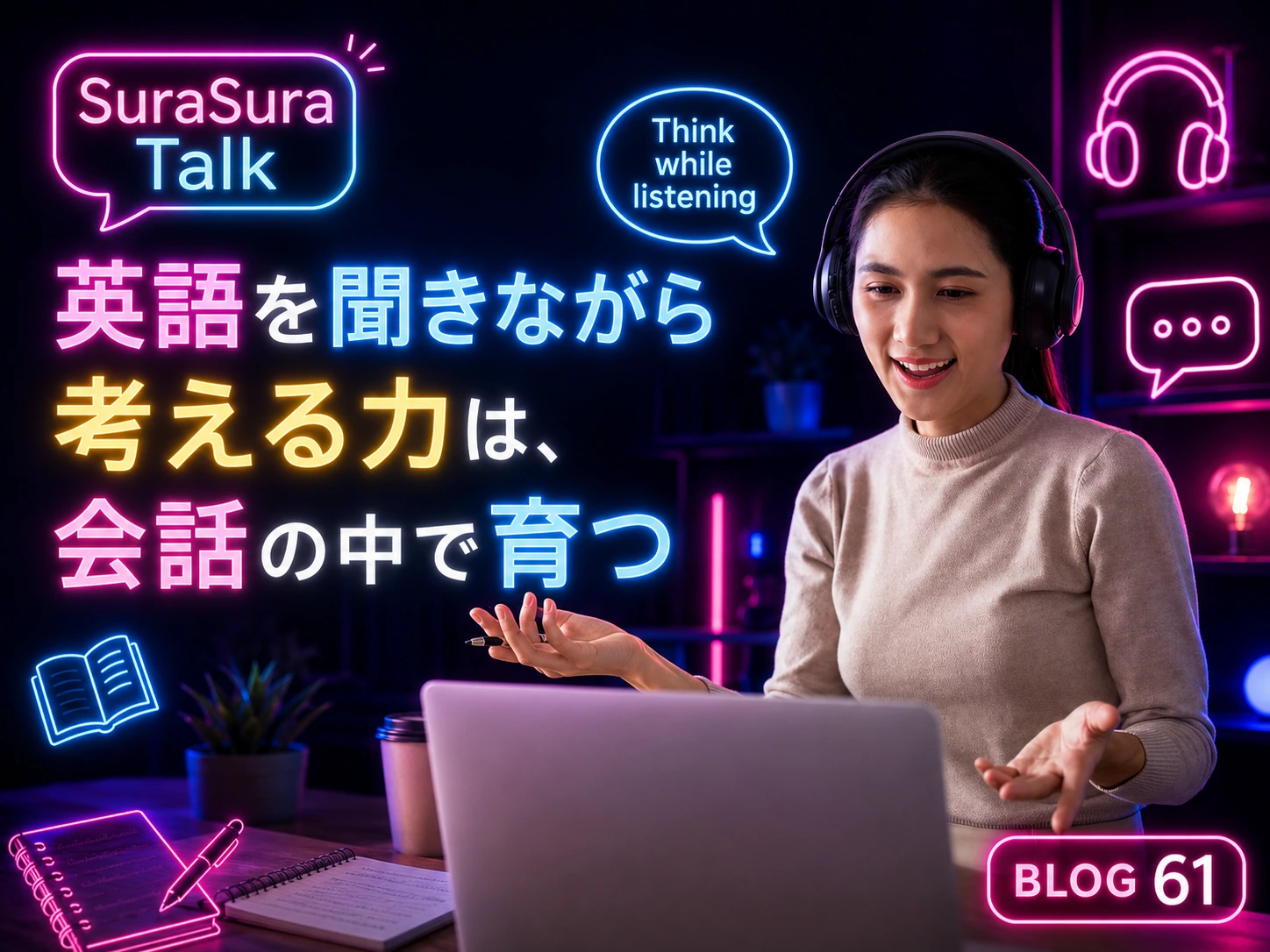 オンライン英語レッスンでヘッドホンを使いながら会話に集中する学習者