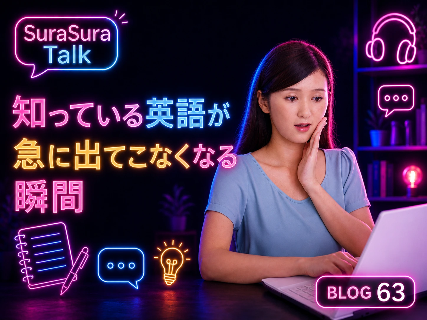 ノートパソコンの前で驚いた表情をして英語が出てこない女性学習者