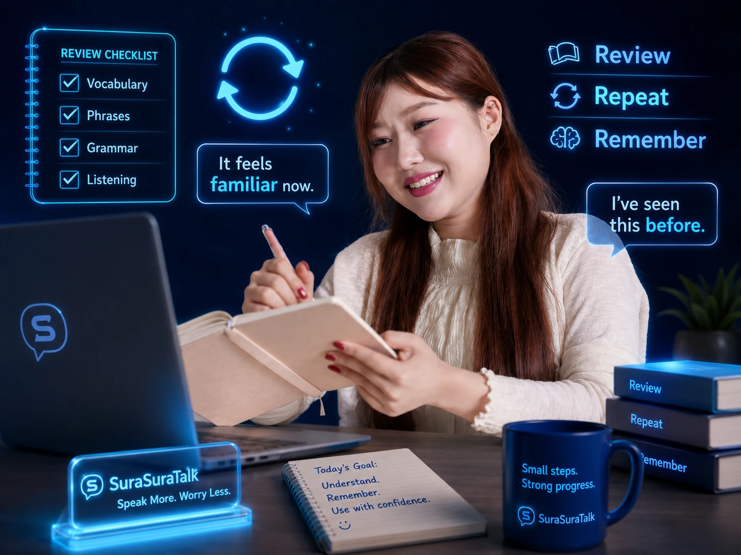 過去の英語レッスン音声とPDFを見直して復習する学習者