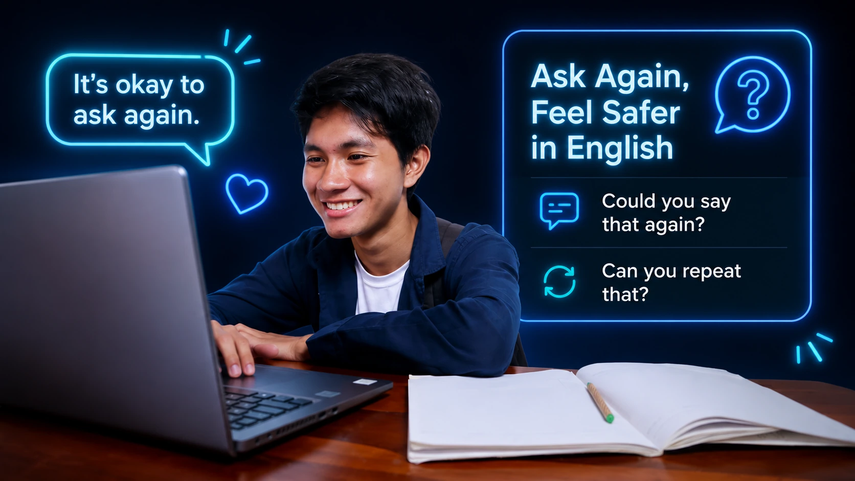 英語で聞き返す表現をオンラインで練習する学習者