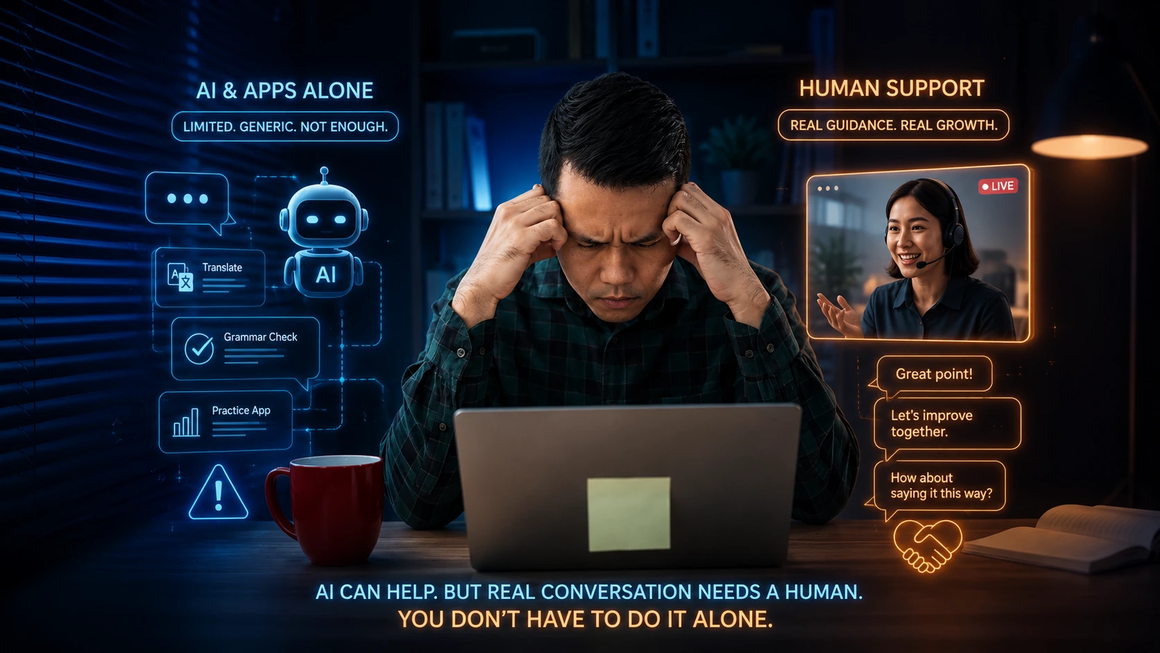 AIやアプリだけでは不安を感じる学習者と人間のサポートを表すオンライン英語学習イメージ