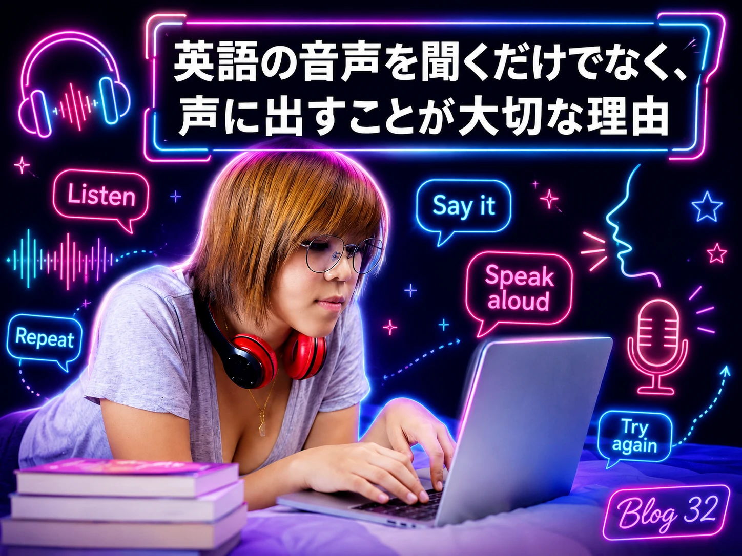 ヘッドホンとマイクを使い英語音声を聞きながら声に出して練習する学習者