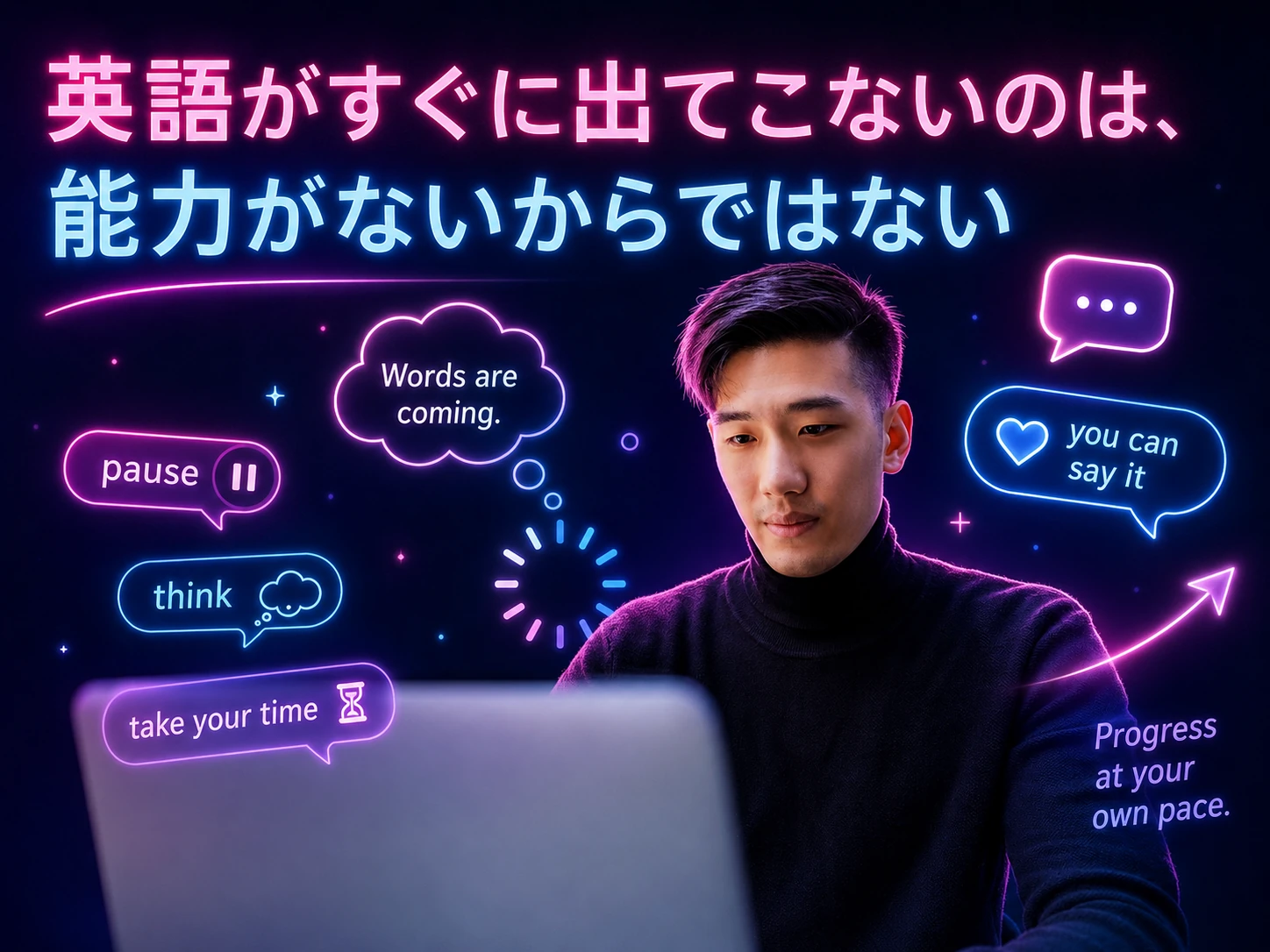 英語で話す前に少し考えている学習者と読み込み中の吹き出し