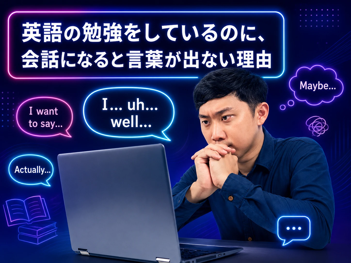 英語の教材を勉強しているのに会話で言葉が出ず考え込む学習者