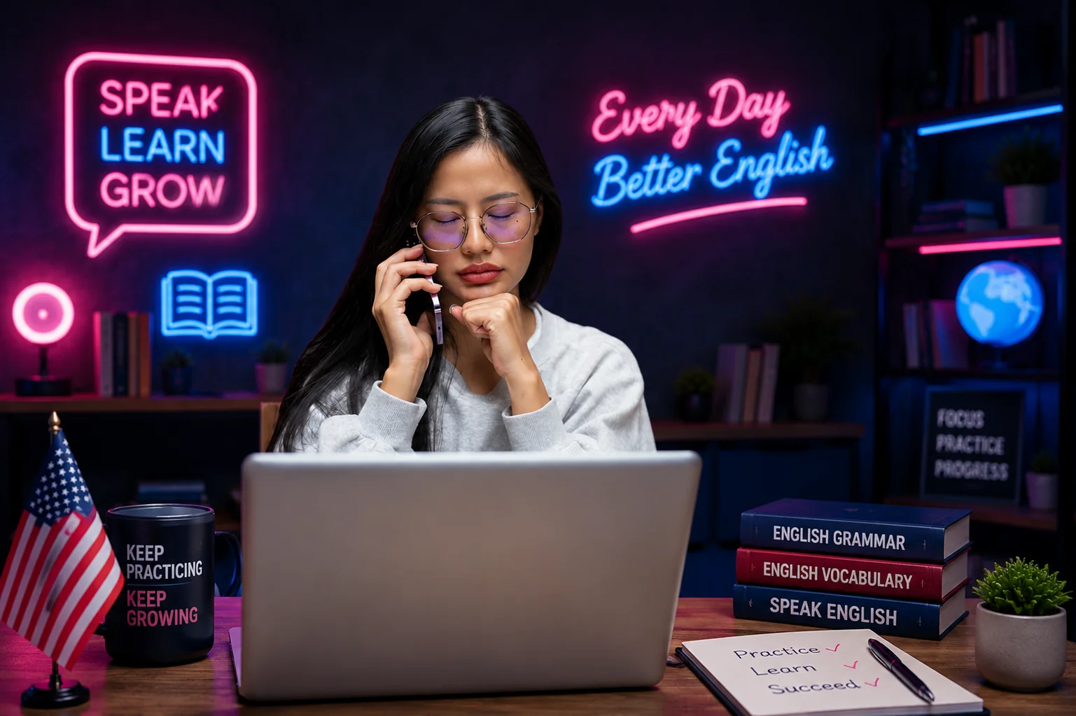 英語で考える練習をしている大人の学習者とノートパソコン